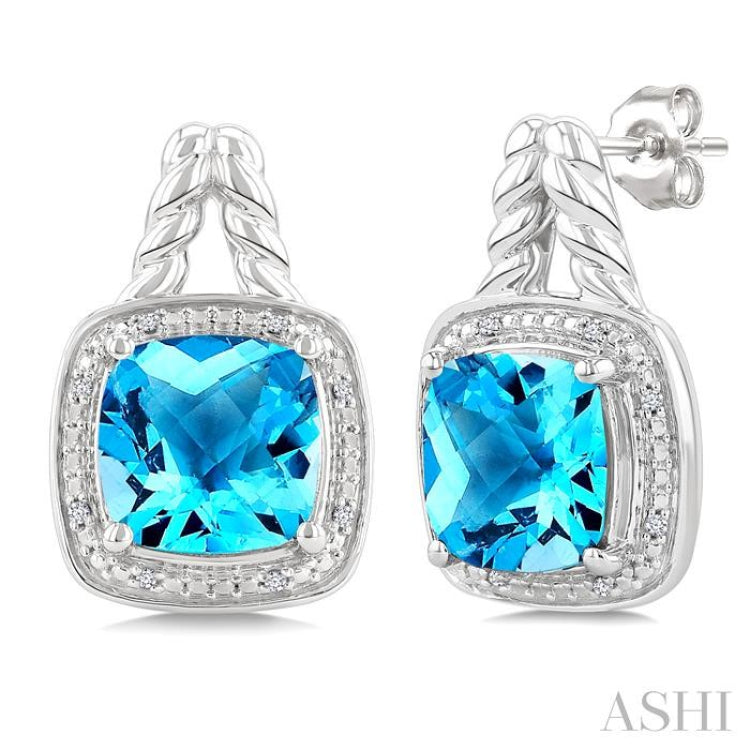8 MM Cushion Shape Blue Topaz and 1/20 Ctw Single Cut Diamond Semi-Precious Earrings in Sterling Silver
