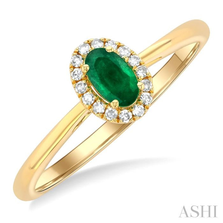 5x3 MM Oval Shape Emerald and 1/20 Ctw Single Cut Diamond Halo Precious Ring in 10K Yellow Gold