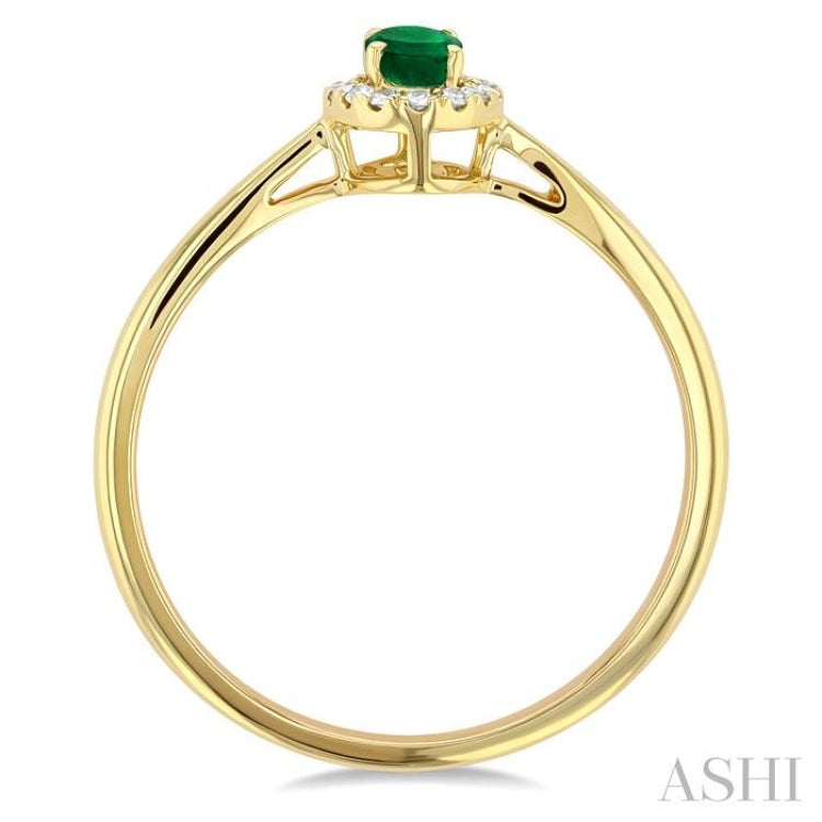 5x3 MM Oval Shape Emerald and 1/20 Ctw Single Cut Diamond Halo Precious Ring in 10K Yellow Gold