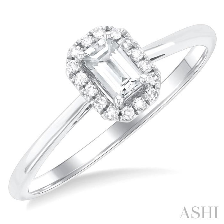 5x3 MM Octagonal Shape White Topaz and 1/20 Ctw Single Cut Diamond Halo Semi-Precious Ring in 10K White Gold