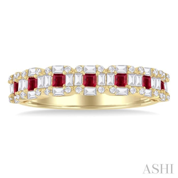 2 MM Princess Cut Ruby and 1/2 Ctw Baguette & Round Cut Diamond Precious Ring in 14K Yellow Gold