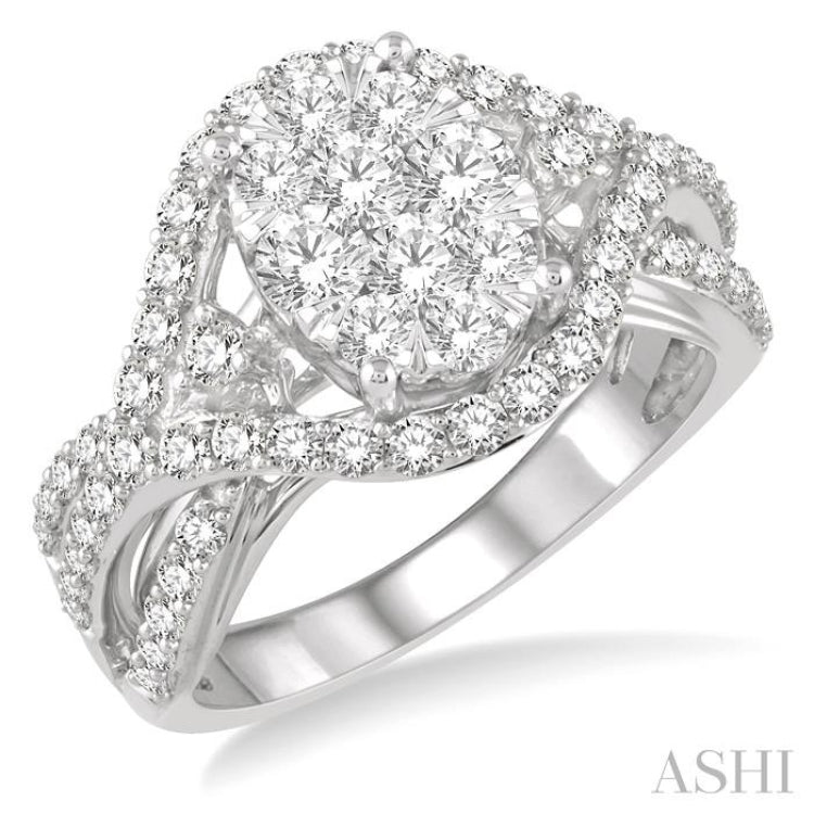 1 1/10 Ctw Split Shank Oval Shape Lovebright Round Cut Diamond Ring in 14K White Gold