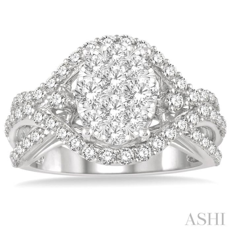 1 1/10 Ctw Split Shank Oval Shape Lovebright Round Cut Diamond Ring in 14K White Gold