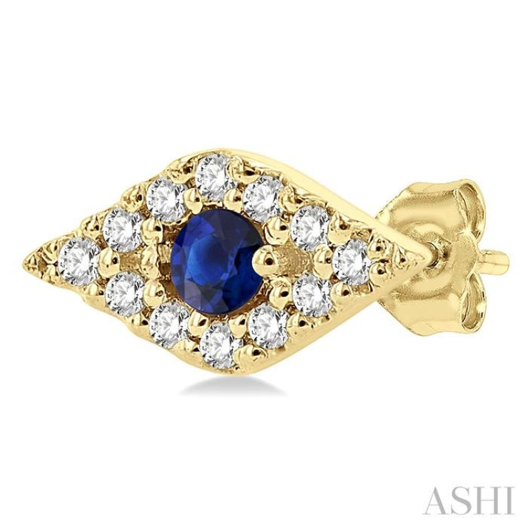 2.0 MM Round Cut Sapphire and 1/10 Ctw Evil Eye Round Cut Diamond Precious Petite Fashion Earring in 14K Yellow Gold