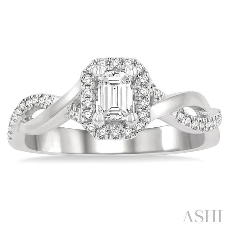 1/2 Ctw Twisted Shank Round & Emerald Cut Diamond Engagement Ring With 1/3 Ctw Emerald Cut Center Stone in 14K White Gold