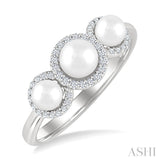 1/6 Ctw Past, Present & Future 4MM & 5MM Cultured Pearl and Round Cut Diamond Halo Ring in 14K White Gold
