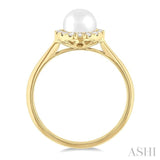 6 MM White Cultured Pearl and 1/6 ctw Round Cut Diamond Halo Ring in 14K Yellow Gold