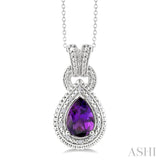 10X7 MM Pear Cut Amethyst and 1/20 Ctw Round Cut Diamond Semi-Precious Pendant With Chain in Sterling Silver