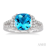 8x8 MM Cushion Shape Blue Topaz and 1/4 ctw Round Cut Diamond Ring in 14K White Gold