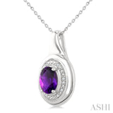 8X6 MM Oval Shape Amethyst and 1/20 Ctw Round Cut Diamond Semi-precious Pendant With Chain in Sterling Silver