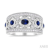 4x3 MM Oval, 2.8 MM and 2.4 MM Round Cut Sapphire and 3/8 Ctw Criss-Cross Framework Single Cut Diamond Precious Band in 14K White Gold