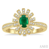 6x4 MM Floral Oval Shape Emerald and 1/5 Ctw Round Cut Diamond Precious Ring in 10K Yellow Gold