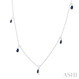 5x3 MM Pear Shape Sapphire and 1/4 ctw Round Cut Diamonds Precious Station Necklace in 10K White Gold