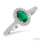 6x4 MM Oval Shape Emerald and 1/10 Ctw Round Cut Diamond Precious Ring in 10K White Gold