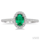 6x4 MM Oval Shape Emerald and 1/10 Ctw Round Cut Diamond Precious Ring in 10K White Gold