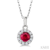 3.25 MM Round Ruby and 1/20 Ctw Round Cut Diamond Halo Precious Pendant with Chain in 10K White Gold