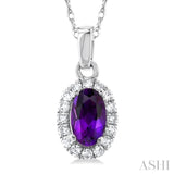 5x3 MM Oval Shape Amethyst and 1/20 Ctw Single Cut Diamond Halo Semi-Precious Pendant with Chain in 10K White Gold