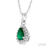5x3 MM Pear Shape Emerald and 1/20 Ctw Round Cut Diamond Halo Precious Pendant with Chain in 10K White Gold