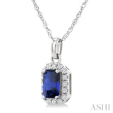 5x3 MM Octagonal Shape Sapphire and 1/20 Ctw Round Cut Diamond Halo Precious Pendant with Chain in 10K White Gold