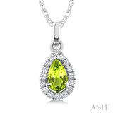 5x3 MM Pear Shape Peridot and 1/20 Ctw Round Cut Diamond Halo Semi-Precious Pendant with Chain in 10K White Gold