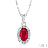 5x3 MM Oval Shape Ruby and 1/20 Ctw Round Cut Diamond Halo Precious Pendant with Chain in 14K White Gold