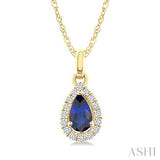 5x3 MM Pear Shape Sapphire and 1/20 Ctw Round Cut Diamond Halo Precious Pendant with Chain in 10K Yellow Gold