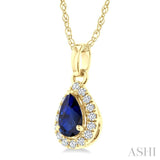 5x3 MM Pear Shape Sapphire and 1/20 Ctw Round Cut Diamond Halo Precious Pendant with Chain in 10K Yellow Gold