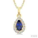 5x3 MM Pear Shape Sapphire and 1/20 Ctw Round Cut Diamond Halo Precious Pendant with Chain in 10K Yellow Gold