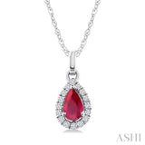 5x3 MM Pear Shape Ruby and 1/20 Ctw Round Cut Diamond Halo Precious Pendant with Chain in 10K White Gold