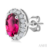 5x3 MM Oval Shape Pink Tourmaline and 1/8 Ctw Round Cut Diamond Halo Semi-Precious Stud Earrings in 10K White Gold