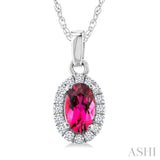 5x3 MM Oval Shape Pink Tourmaline and 1/20 Ctw Round Cut Diamond Halo Semi-Precious Pendant with Chain in 14K White Gold