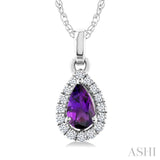 5x3 MM Pear Shape Amethyst and 1/20 Ctw Round Cut Diamond Halo Semi-Precious Pendant with Chain in 10K White Gold