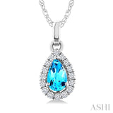5x3 MM Pear Shape Blue Topaz and 1/20 Ctw Round Cut Diamond Halo Semi-Precious Pendant with Chain in 10K White Gold