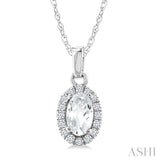 5x3 MM Oval Shape White Topaz and 1/20 Ctw Round Cut Diamond Halo Semi-Precious Pendant with Chain in 14K White Gold