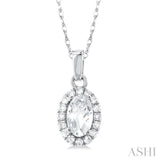 5x3 MM Oval Shape White Topaz and 1/20 Ctw Single Cut Diamond Halo Semi-Precious Pendant with Chain in 14K White Gold