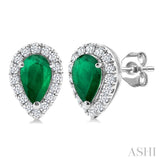 5x3 MM Pear Shape Emerald and 1/8 Ctw Round Cut Diamond Halo Precious Stud Earrings in 10K White Gold