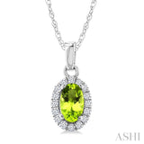 5x3 MM Oval Shape Peridot and 1/20 Ctw Round Cut Diamond Halo Semi-Precious Pendant with Chain in 10K White Gold