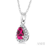 5x3 MM Pear Shape Pink Tourmaline and 1/20 Ctw Round Cut Diamond Halo Semi-Precious Pendant with Chain in 10K White Gold