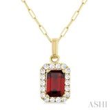 6x4 MM Octagonal Shape Garnet and 1/6 Ctw Round Cut Diamond Halo Semi-Precious Pendant with Chain in 10K Yellow Gold
