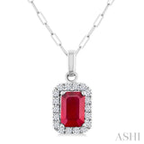 6x4 MM Octagonal Shape Ruby and 1/6 Ctw Round Cut Diamond Halo Precious Pendant with Chain in 10K White Gold