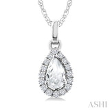 5x3 MM Pear Shape White Topaz and 1/20 Ctw Round Cut Diamond Halo Semi-Precious Pendant with Chain in 10K White Gold