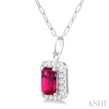 6x4 MM Octagonal Shape Pink Tourmaline and 1/6 Ctw Round Cut Diamond Halo Semi-Precious Pendant with Chain in 10K White Gold
