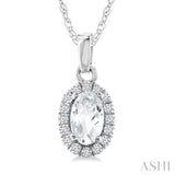 5x3 MM Oval Shape White Topaz and 1/20 Ctw Round Cut Diamond Halo Semi-Precious Pendant with Chain in 10K White Gold