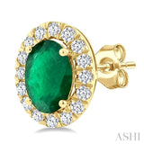 6x4 MM Oval Shape Emerald and 1/4 Ctw Round Cut Diamond Halo Precious Stud Earrings in 14K Yellow Gold