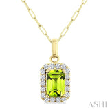6x4 MM Octagonal Shape Peridot and 1/6 Ctw Round Cut Diamond Halo Semi-Precious Pendant with Chain in 14K Yellow Gold