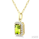 6x4 MM Octagonal Shape Peridot and 1/6 Ctw Round Cut Diamond Halo Semi-Precious Pendant with Chain in 14K Yellow Gold