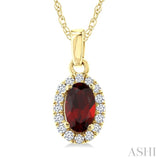 5x3 MM Oval Shape Garnet and 1/20 Ctw Round Cut Diamond Halo Semi-Precious Pendant with Chain in 10K Yellow Gold