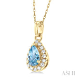 5x3 MM Pear Shape Aquamarine and 1/20 Ctw Single Cut Diamond Halo Semi-Precious Pendant with Chain in 14K Yellow Gold