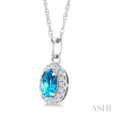 5x3 MM Oval Shape Blue Topaz and 1/20 Ctw Round Cut Diamond Halo Semi-Precious Pendant with Chain in 10K White Gold
