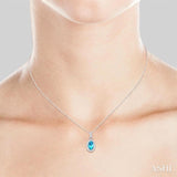5x3 MM Oval Shape Blue Topaz and 1/20 Ctw Round Cut Diamond Halo Semi-Precious Pendant with Chain in 10K White Gold